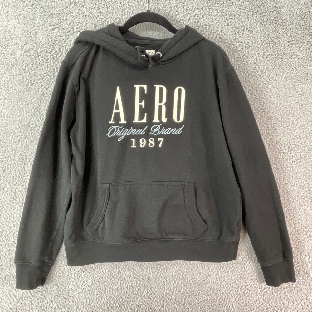 Aeropostale Hoodie Women M Black Aero 1987 Graphic Pullover Sweatshirt